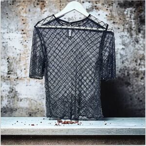 Sheer Vintage Beaded Short Sleeve Top Black Medium EUC